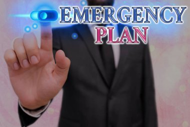 Conceptual hand writing showing Emergency Plan. Business photo text actions to be conducted in a certain order or manner Graphics padlock for web data security application system. clipart