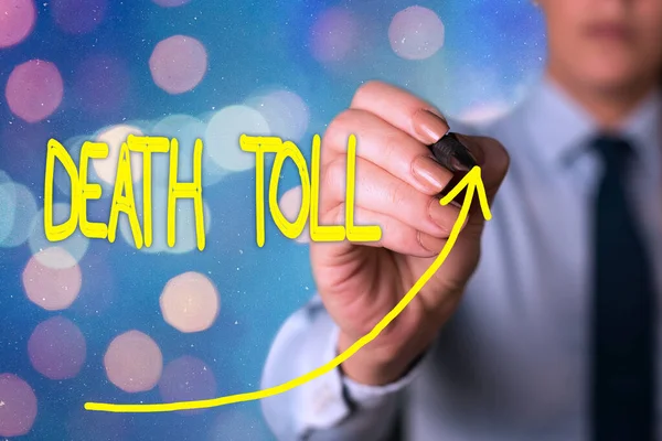 Text sign showing Death Toll. Conceptual photo the number of deaths resulting from a particular incident digital arrowhead curve rising upward denoting growth development concept. — Stock Photo, Image