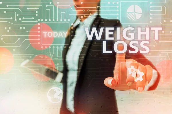 Writing note showing Weight Loss. Business photo showcasing a reduction of the total body mass due to a mean loss of fluid System administrator control, gear configuration settings tools concept. — Stock Photo, Image