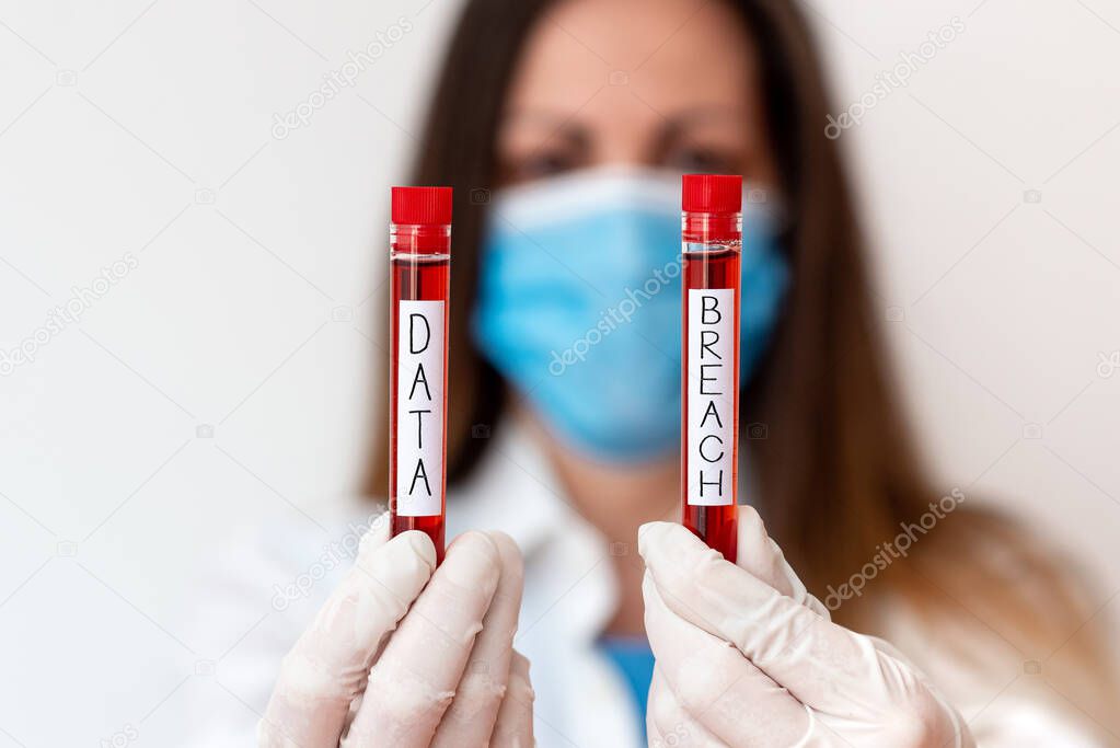 Handwriting text Data Breach. Concept meaning security incident where sensitive protected information copied Laboratory blood test sample shown for medical diagnostic analysis result.