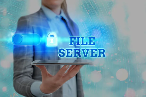 Sinal de texto mostrando Servidor de Arquivos. Dispositivo fotográfico conceitual que controla o acesso a dados armazenados separadamente Bloqueio de gráficos para o sistema de aplicação de segurança de informações de dados web. — Fotografia de Stock