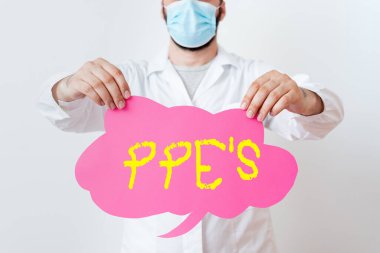 Ppe 'leri gösteren kavramsal el yazısı. İş fotoğrafı metni, Sticker Paper Smartphone sunan Sağlık ve Güvenlik Tehlike Laboratuvarı Teknisyenine karşı korunma için özel ekipman.