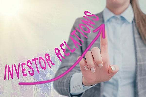 Konceptuell handskrift som visar Investor Relations. Affärsfoto visar upp ledningsansvar som integrerar finansiering Digitala pilspets kurva betecknar tillväxtutveckling koncept. — Stockfoto