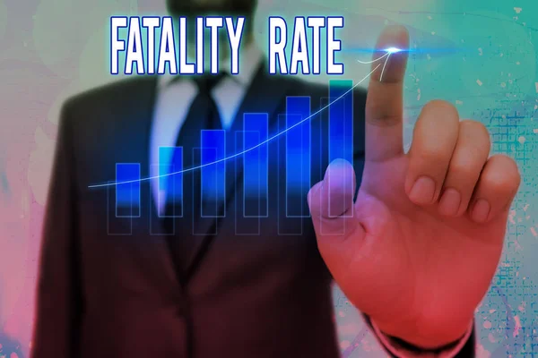 Conceptual hand writing showing Fatality Rate. Business photo text calculated number of deaths over a specific range of period Arrow symbol going upward showing significant achievement. — Stock Photo, Image