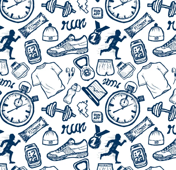 Run-Icons Muster im Doodle-Stil, Handzeichnung — Stockvektor