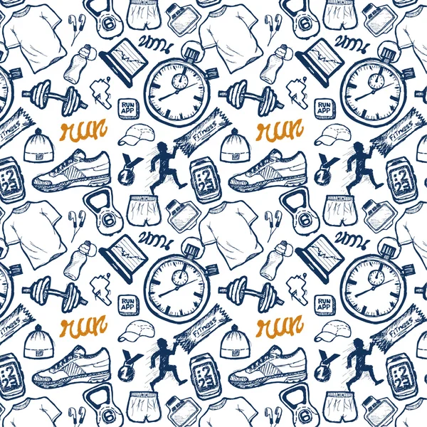 Run icons seamless pattern set in doodle style, hand drawing — Stock Vector