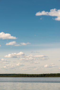 Güzel yaz gölde orman ve bulutlu gökyüzü arka plan