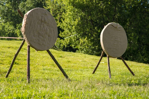 Dois objectivos no terreno. setas atingiu alvo, conceito de sucesso . — Fotografia de Stock