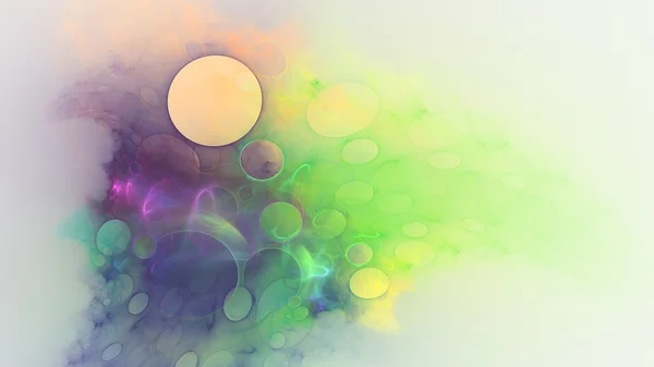 Gloeiende kleurrijke gebogen lijnen en bubbels over witte abstracte achtergrond ruimte universum. Illustratie — Stockfoto