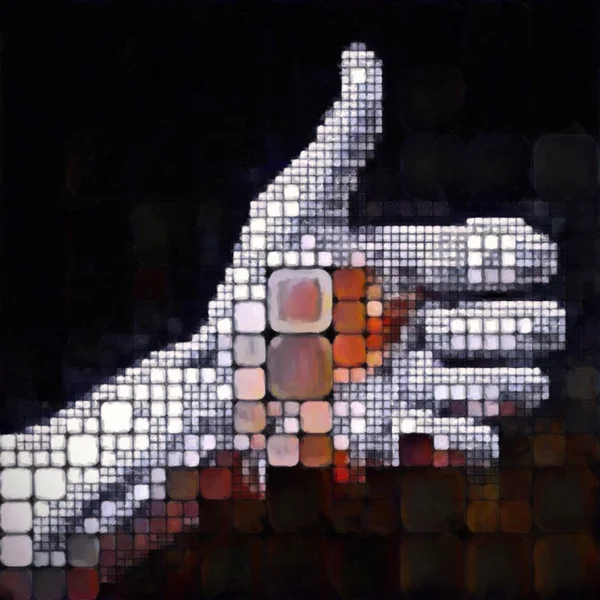 Abstraktní umění náměstí malované ruka ukazuje palec nahoru symbol na tmavém pozadí obrázku — Stock fotografie