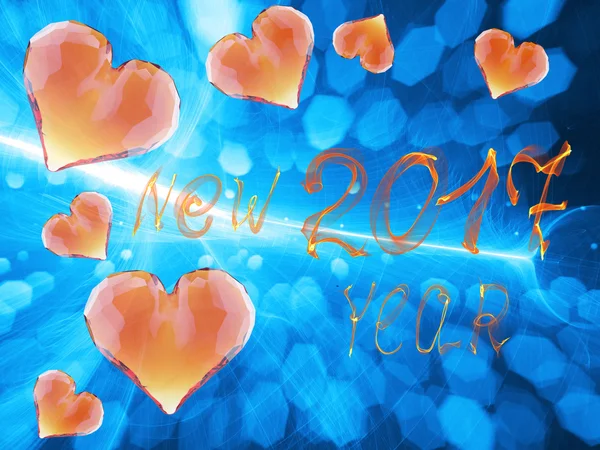 Happy new year 2017 isolated numbers written with sparkle light fire flame on bright blurred bokeh background frame  gem hearts flying around — Stock Photo, Image