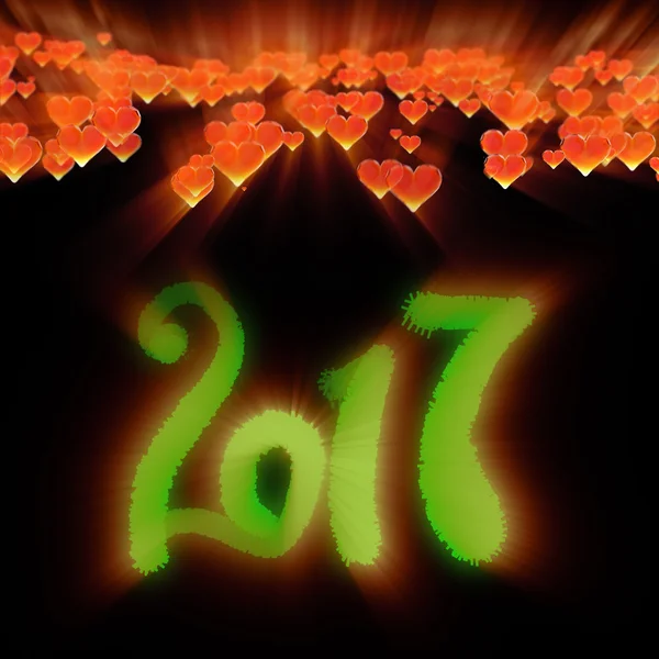Happy new year 2017 terisolasi angka yang ditulis dengan cahaya pada latar belakang gelap bokeh dan merah terbang hati 3d ilustrasi — Stok Foto