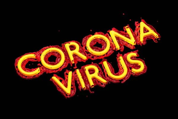 Covid 19 coronavirus lettering made by red blood and yellow plastic. 3d illustration second wave concept — Stock Photo, Image