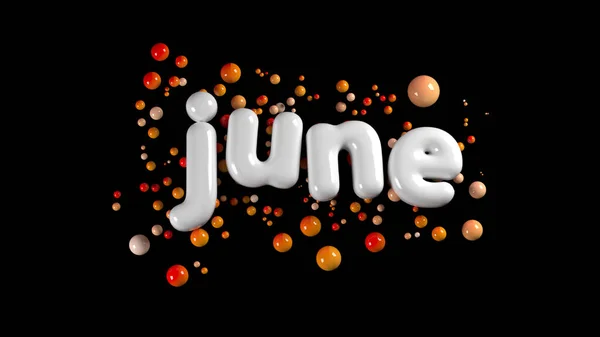 Uma palavra branca gorda junho cercado por esferas laranja isolado em um fundo preto ilustração 3d — Fotografia de Stock