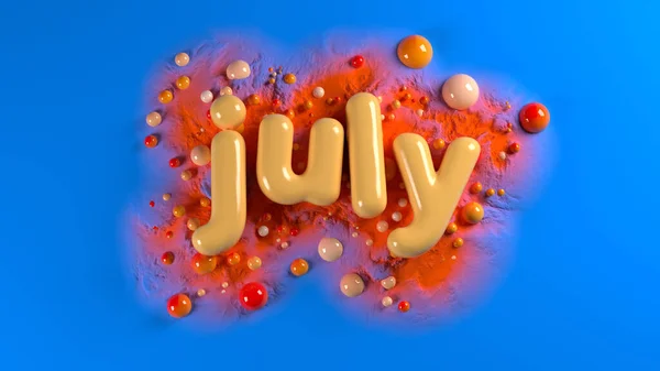 Μαλακό πορτοκαλί παχουλό λέξη Ιούλιος περιβάλλεται από πορτοκαλί σφαίρες πάνω από φωτεινό μπλε φόντο και πορτοκαλί βουνά δομή. 3D εικονογράφηση — Φωτογραφία Αρχείου