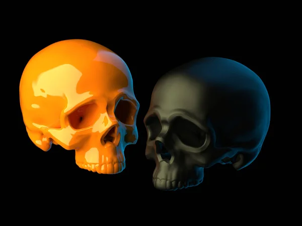 Abstrakt 2 plastische Schädel aus orangefarbenem und schwarzem Kunststoff ohne Unterkiefer isoliert auf schwarzem Hintergrund. 3D-Illustration — Stockfoto