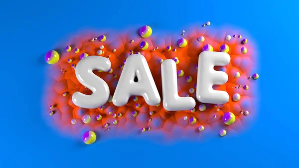 Πώληση φωτεινά γυαλιστερά γράμματα σε ένα μπλε αφηρημένο φόντο με πολύχρωμες σφαίρες και βουνά. 3D εικονογράφηση — Φωτογραφία Αρχείου