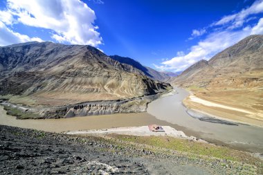 Panoramic view of confluence of Zanskar (from top) and Indus rivers near Nimmu village in Ladakh, India. clipart