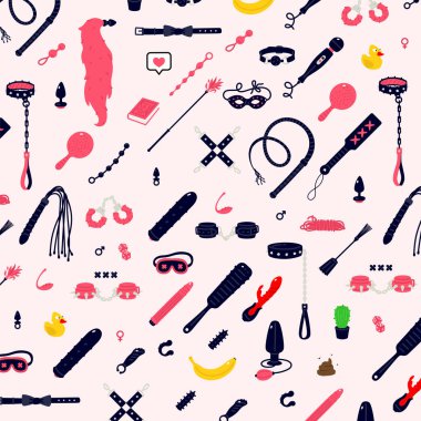 Seks oyuncaklarının tasvirleri ve simgeleri. Vektör. Ağız tıkama, kırbaç ve ağız tıkacı. Yetişkinler için oyuncaklar. Zevk enstrümanları deseni. Düz çizgi film tarzı. Samimi bir mağaza için ürünler.