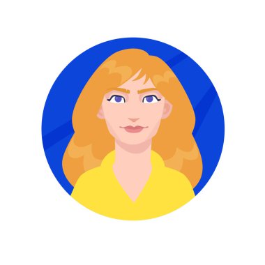 Genç, sıradan bir kızın tasviri. Vektör. Uzun saçlı Asyalı karikatür kadını. Reklam ve tasarım karakteri. Bir iş kadınının parlak görüntüsü. Profil avatarı. Çember içinde kahraman.