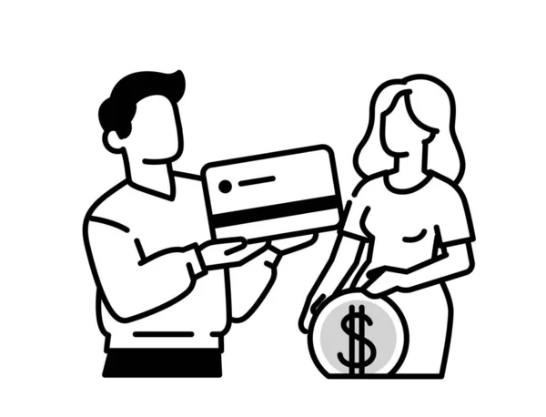 クレジットカードやコイン付きの男女の概要アイコン 現金を貸せ 金の必要性 ベクトル 画像は白い背景に隔離されています — ストックベクタ