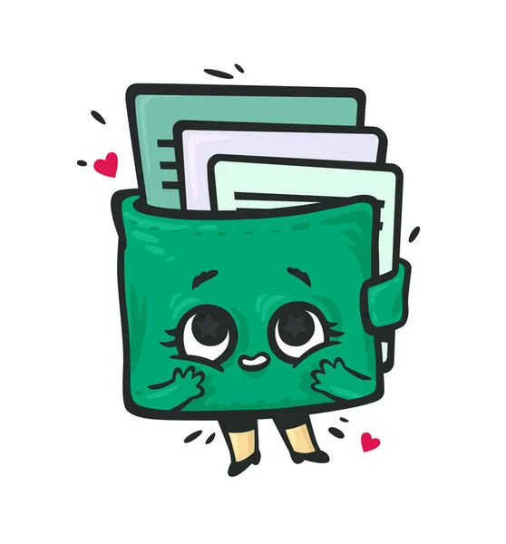 Monedero Forma Personaje Kawaii Con Tarjetas Cartera Verde Con Ojos — Vector de stock