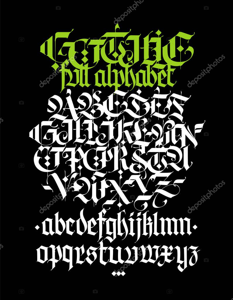 Full alphabet in the Gothic style. Vector. Letters and symbols on a black background. Calligraphy and lettering. Medieval Latin letters. Individual letters. Elegant font for tattoo. A set for inspiration.