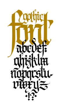 Gotik. Vektör. Beyaz arka planda küçük harfler. Güzel ve şık el yazısı. Dövme ve tasarım için zarif bir Avrupa yazı karakteri. Ortaçağ Alman tarzı.