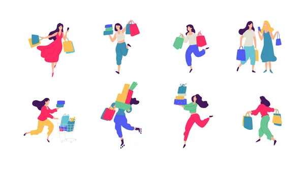 Vrolijke Shoppers Personages Illustratie Vector Gelukkige Mensen Met Aankopen Kopers — Stockvector