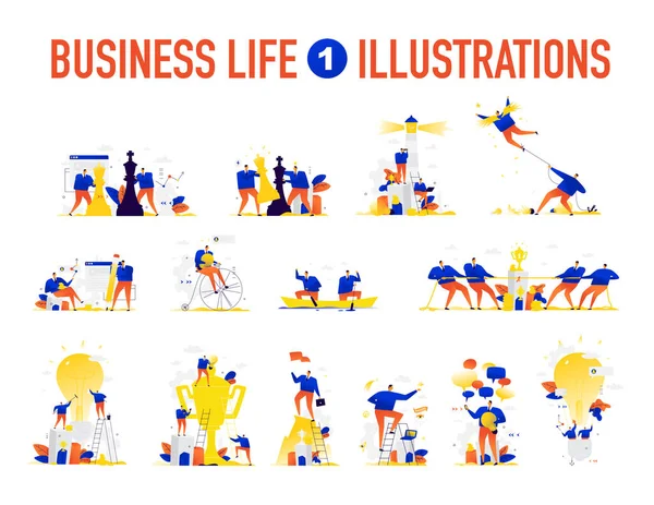 Εικονογραφήσεις Επιχειρηματιών Διαφορετικές Καταστάσεις Άνθρωποι Πετυχαίνουν Τους Στόχους Τους Και — Διανυσματικό Αρχείο