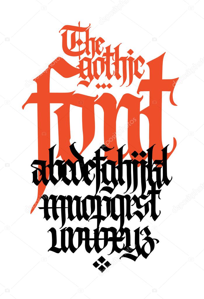 Gothic font, English alphabet. Vector. Font for tattoo, personal and commercial purposes. Letters and elements are isolated on a white background. Calligraphy for inscriptions. Modern grunge style.