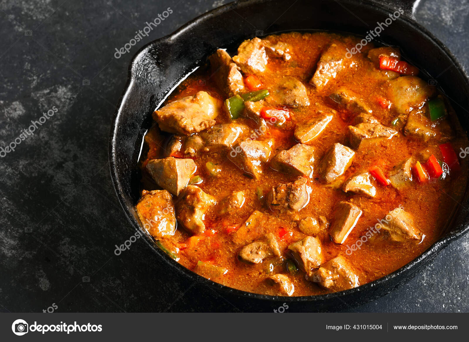 Close View Stewed Chicken Livers Vegetables Tomato Sauce Frying Pan