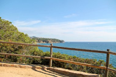 Akdeniz manzarası çok güzel. Denize giden yol. Sahilde güneş ışığı altında yürümek ve yeşil ağaçlarla mavi gökyüzü. Yaz manzaraları.