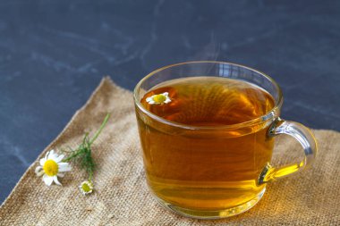 Sıcak içecekler. Bir kupa papatya çayı ve çuval bezi. Bir bardak buzlu bitkisel papatya çayı siyah bir masada fotokopi alanı ile. Taze çiçekli bir fincan çay ve gri arka planda yeşil yapraklar.