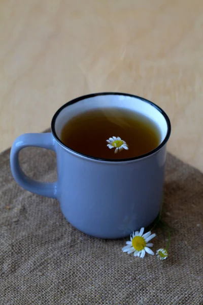 Grey Mug Chamomile Tea Sackcloth Blue Cup Hot Herbal Chamomile — Stock Photo, Image