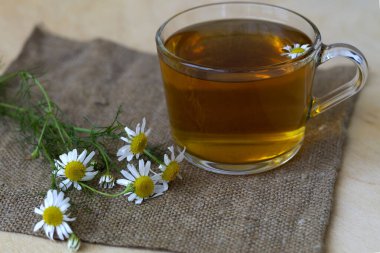 Sıcak içecekler. Bir kupa papatya çayı ve çuval bezi. Tahta bir masanın üzerinde yeşil yaprakları ve taze çiçekleri olan bir bardak sıcak bitkisel papatya çayı..