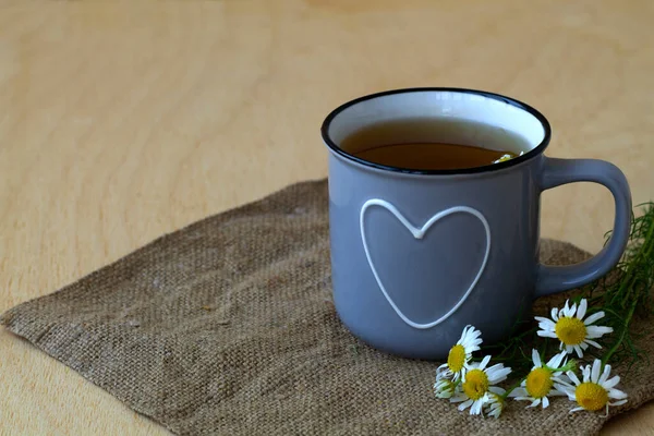 Tasse Grise Thé Camomille Sur Sac Tasse Bleue Tisane Camomille — Photo