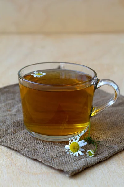 Glass Cup Hot Herbal Chamomile Tea Wooden Table Copy Space — Stock Photo, Image