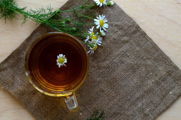 Hot Drinks Mug Chamomile Tea Sackcloth Glass Cup Hot Herbal — Stock Photo, Image