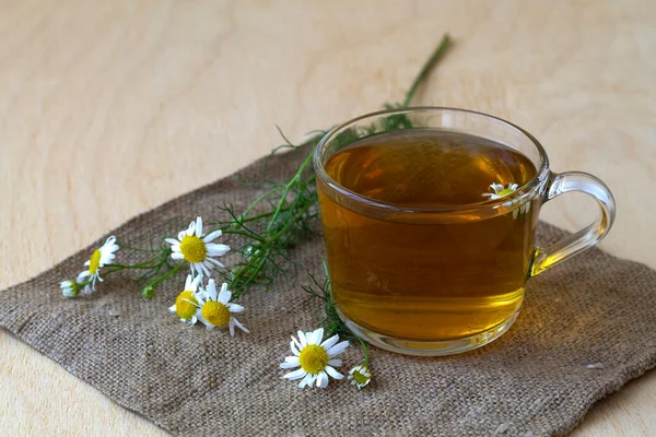 Cup Herbal Tea Mug Chamomile Tea Sackcloth Glass Cup Hot — Stock Photo, Image