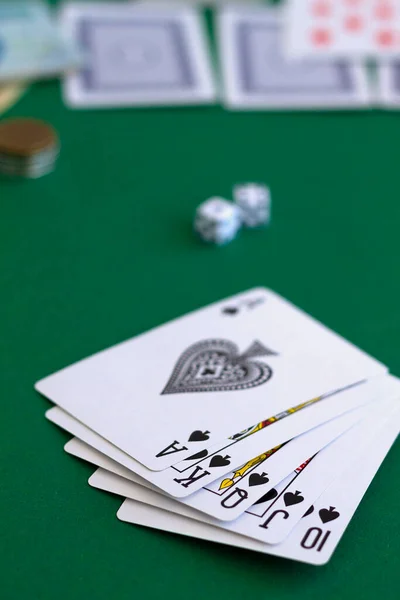 Poker Black Royal Flush Card Dice Casino Playing Cards Blue — Stok fotoğraf