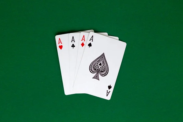 Four Aces Playing Cards Blue Deck Green Table Combination Cards — Stock Photo, Image