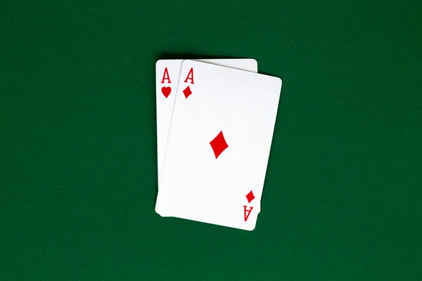 Two Red Aces Playing Cards Blue Deck Green Table Combination — Stock Photo, Image