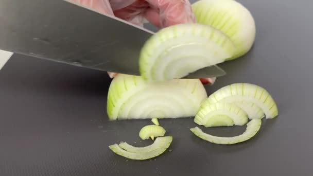 Fresh Vegetables Woman Hands Gloves Cutting Fresh White Onion Cutting — Stock Video