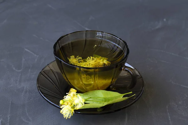 Dark Glass Cup Herbal Hot Linden Bloom Flowers Isolated Black — Foto de Stock