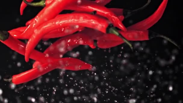 Il super slow motion del peperoncino rosso che sale con gocce d'acqua. Girato su una telecamera ad alta velocità a 1000 fps. — Video Stock