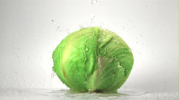Super zpomalený film na vidličce zelí na bílém pozadí kapky vody.Natočeno při 1000 fps. — Stock video