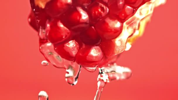 Super slow motion med en bit granatäpple dränerar vatten. Inspelning på en höghastighetskamera vid 1000 fps. — Stockvideo