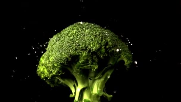 Die Superzeitlupe des Brokkoli rotiert mit Wassertropfen. Gefilmt mit einer Hochgeschwindigkeitskamera bei 1000 fps. — Stockvideo