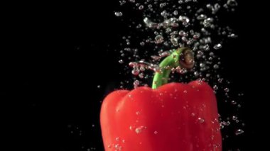 Super slow motion one red bell pepper under water with air bubbles. Filmed at 1000 fps.